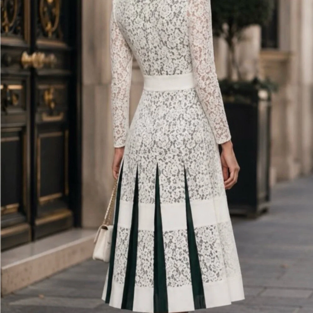 Elegant Tory Burch Lace Midi Dress with Green Pleat Accents
